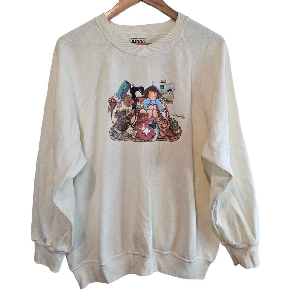 Vintage Cat Sweatshirt Women 2X White 90s Crafters Paradise Sewing Cottage Retro